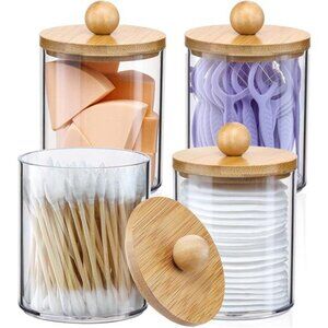 4 Pack Qtip Holder Dispenser with Bamboo Lids-10 oz Clear Plastic Apothecary Jar
